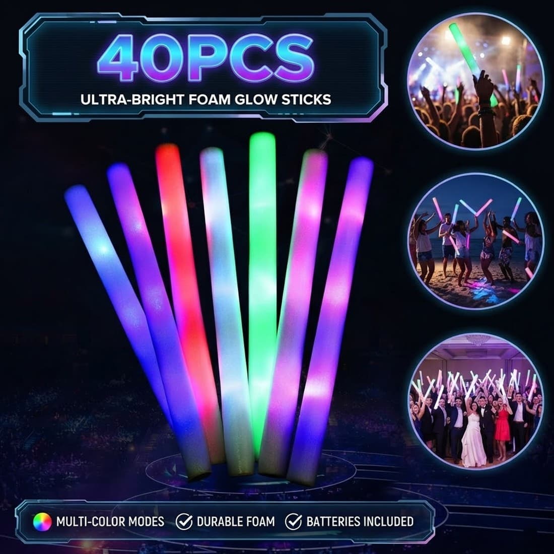 40pcs LED Foam Glow Sticks Party Wedding Flashing LED Light Stick Light-up Wand